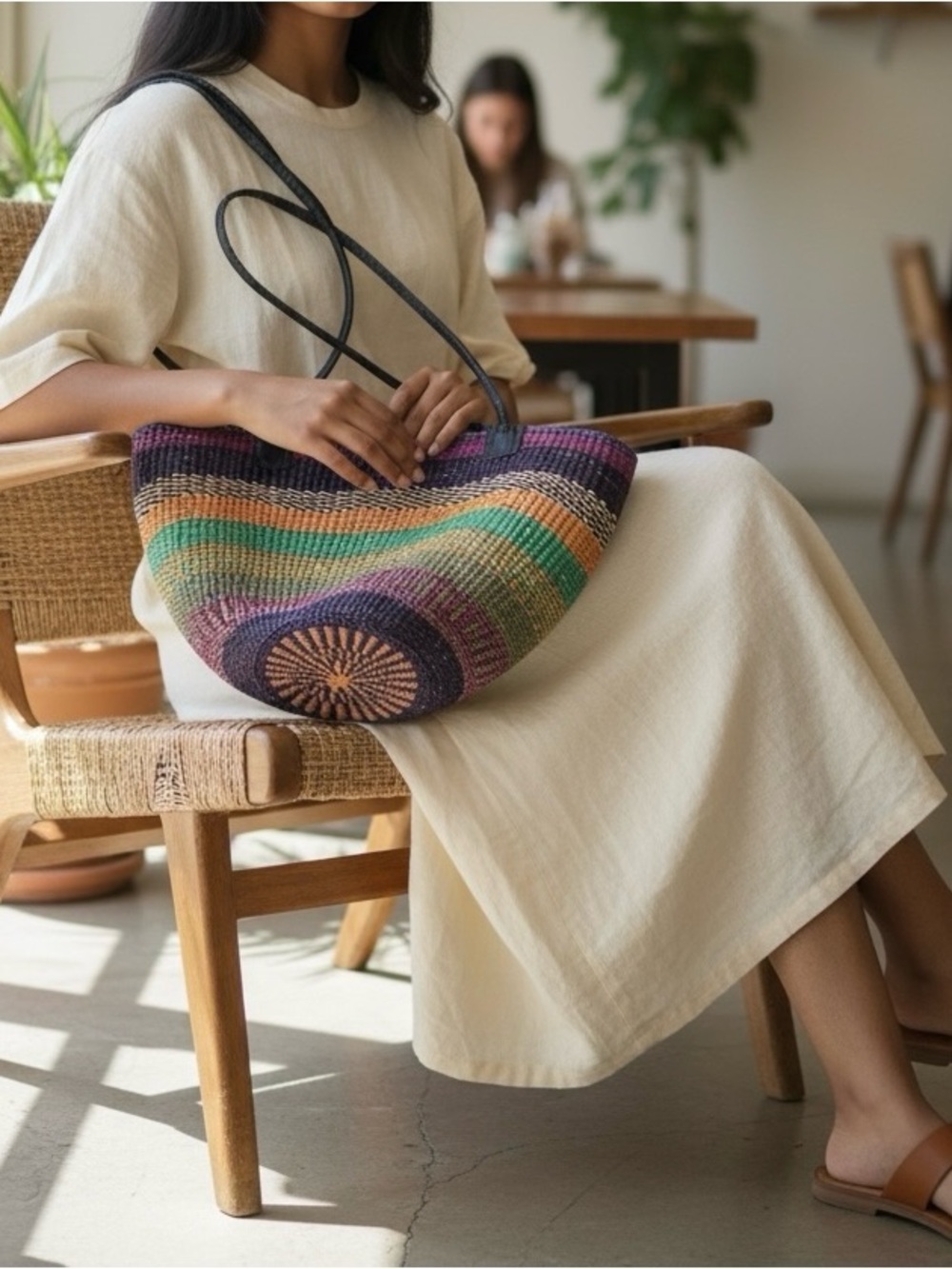 Handwoven Multicolor Straw Tote Bag with Leather Straps Beach Bag Shopper